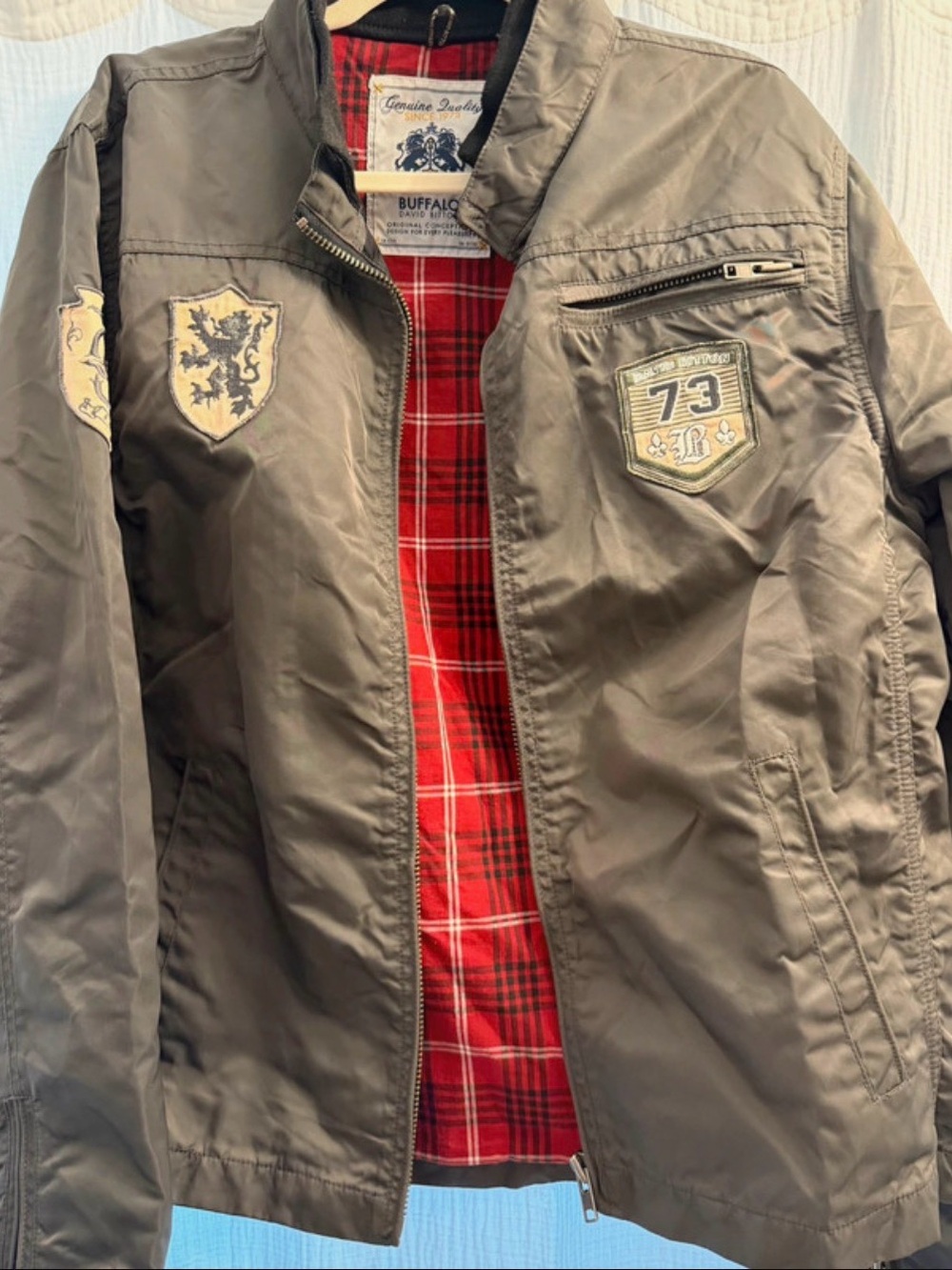 Buffalo David Bitton Olive Lightweight Jacket with Red Plaid Lining